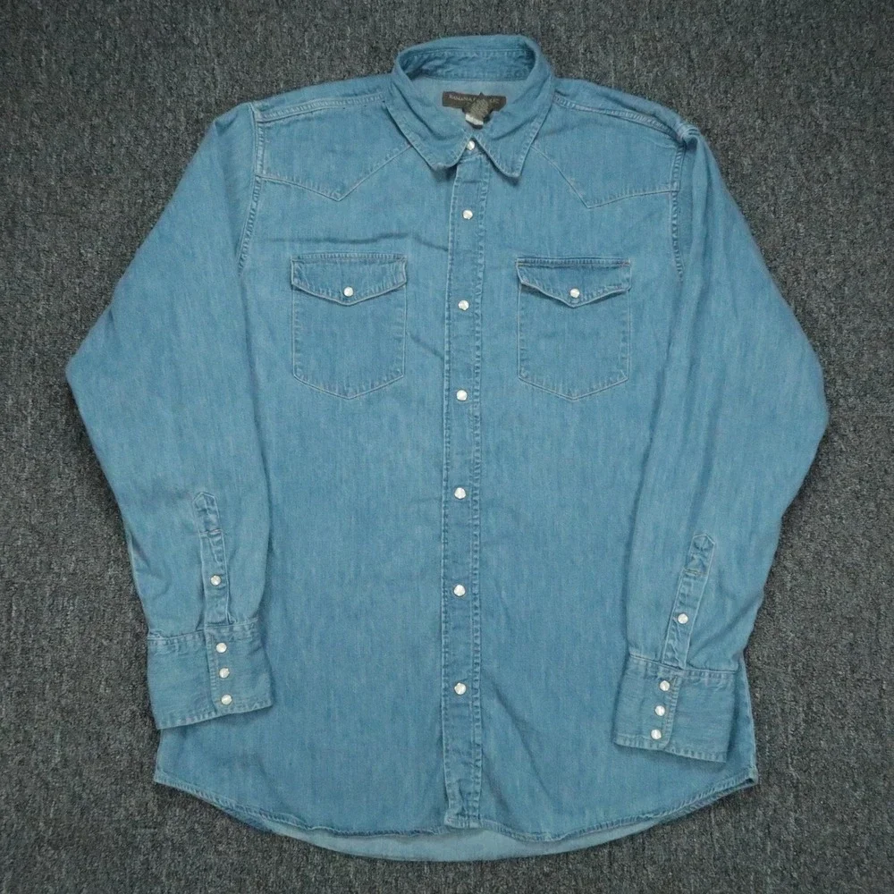 VINTAGE Banana Republic Shirt Mens XL Blue Pearl Snap Denim Long Sleeve Classic